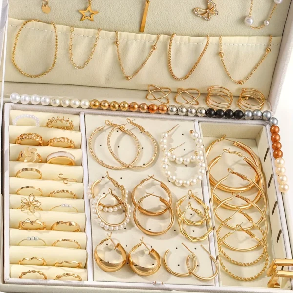 92Pcs Women's Fashion Jewelry Set Contain Hoop Earrings、Stud Earrings、Bracelet、Necklace and Ring，Versatile Daily Jewelry - Image 4