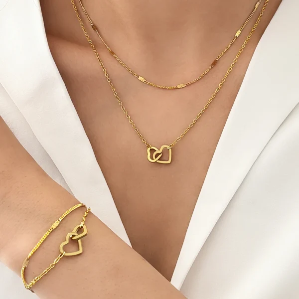 Stainless Steel Jewelry Sets High-end Atmosphere Love Bracelet Love Necklace Double Chain Design Jewelry Sets For Women Jewelry - Image 3