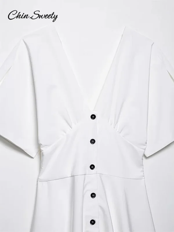 Elegant White Long Dress Women Short Sleeve V-Neck Button High Waist Slim A-line Dresses 2025 Summer Lady High Street Robes New - Image 5