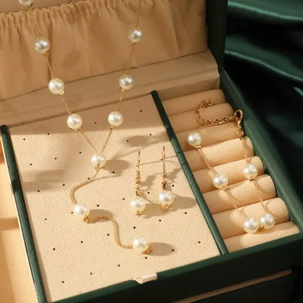 4pcs Gold-color Necklace Earring Bracelet Set Ladies Elegant Imitation-Pearls Collection Temperament Tassel Jewelry - Image 4