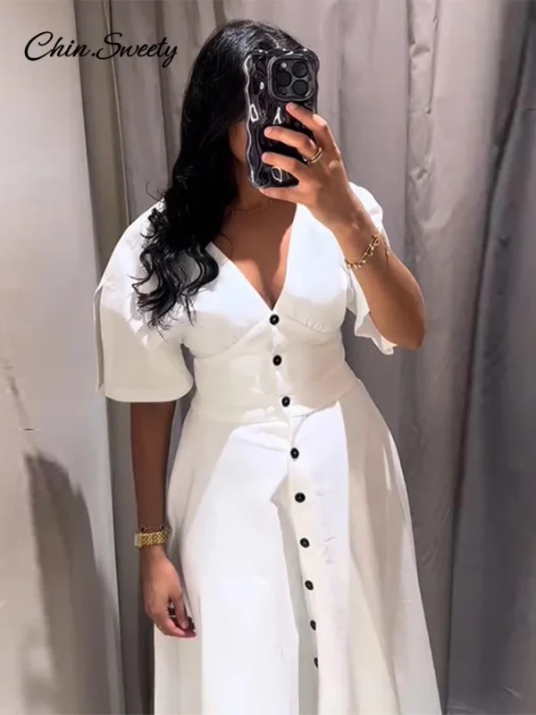 Elegant White Long Dress Women Short Sleeve V-Neck Button High Waist Slim A-line Dresses 2025 Summer Lady High Street Robes New - Image 3