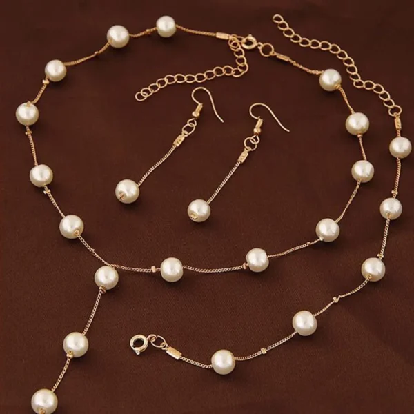 4pcs Gold-color Necklace Earring Bracelet Set Ladies Elegant Imitation-Pearls Collection Temperament Tassel Jewelry - Image 7
