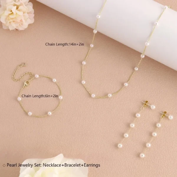 Gold Jewelry Set for Women, Dainty 14K Gold/Silver Plated Pearl Necklace and Earring Set with Drop Earrings Bracelets Necklace - Image 5