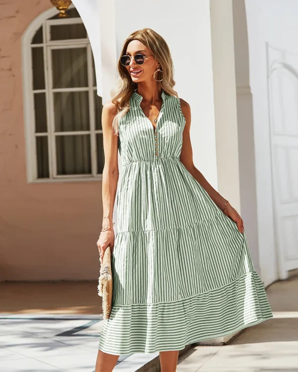 Striped Shirt Dress Women Sleeveless V-Neck Long Dresses Summer Casual Buttons A-Line Beach Holiday Dresses Female Clothing - Image 4