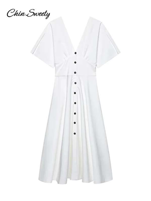 Elegant White Long Dress Women Short Sleeve V-Neck Button High Waist Slim A-line Dresses 2025 Summer Lady High Street Robes New - Image 4