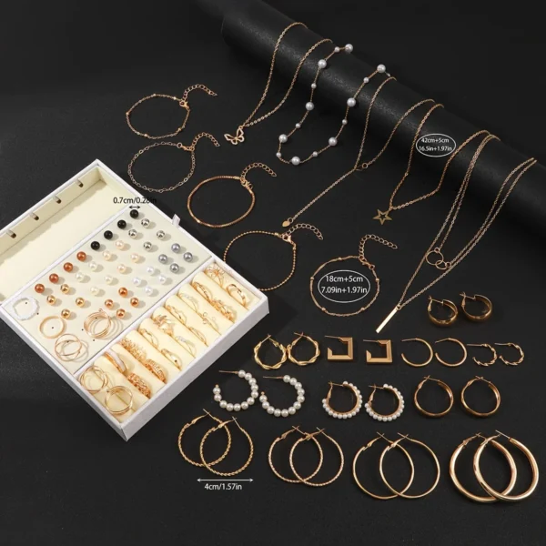 92Pcs Women's Fashion Jewelry Set Contain Hoop Earrings、Stud Earrings、Bracelet、Necklace and Ring，Versatile Daily Jewelry - Image 2