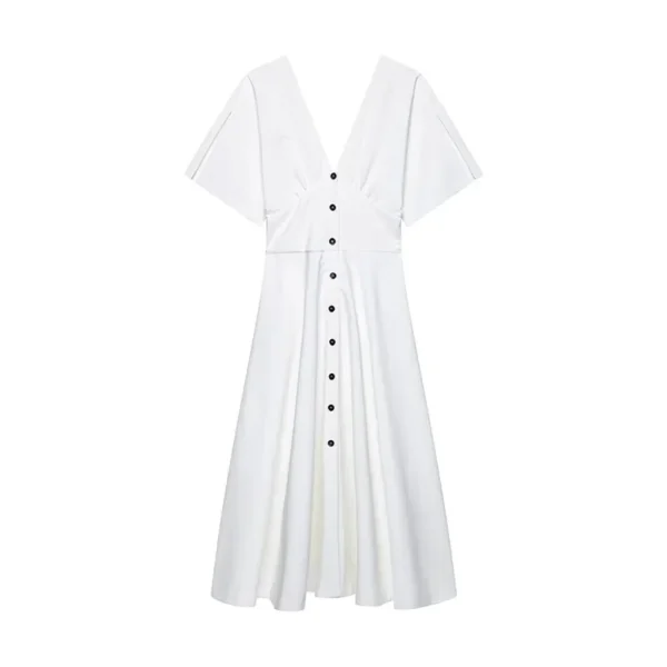 Elegant White Long Dress Women Short Sleeve V-Neck Button High Waist Slim A-line Dresses 2025 Summer Lady High Street Robes New - Image 7