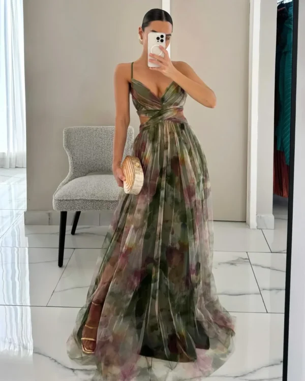 Sexy Hollow Out Party Dress, Women Summer Loungewear Fashion Printing Maxi Dress, Sleeveless Lace-Up Ladies Dress Vestido - Image 8