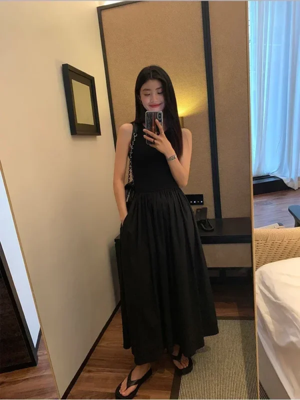 TKNOLEGE Summer New Round Neck SleevelessHigh Waist Temperament Female Fashion Style Dress Simple Elegant Black Long Dresses - Image 5
