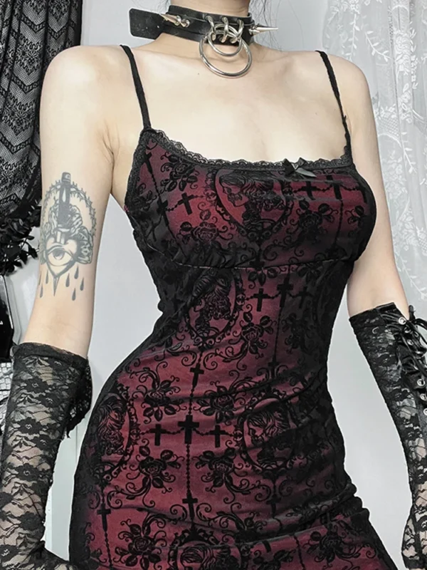 AltGoth Vintage Elegant Goth Dress Women Sexy Streetwear Fairy Grunge Aesthetic Cross Pattern Spaghetti Strap Party Dress Female - Image 3