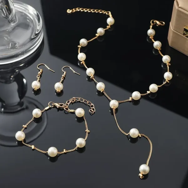4pcs Gold-color Necklace Earring Bracelet Set Ladies Elegant Imitation-Pearls Collection Temperament Tassel Jewelry - Image 3