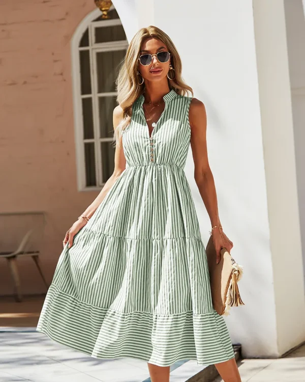 Striped Shirt Dress Women Sleeveless V-Neck Long Dresses Summer Casual Buttons A-Line Beach Holiday Dresses Female Clothing - Image 5