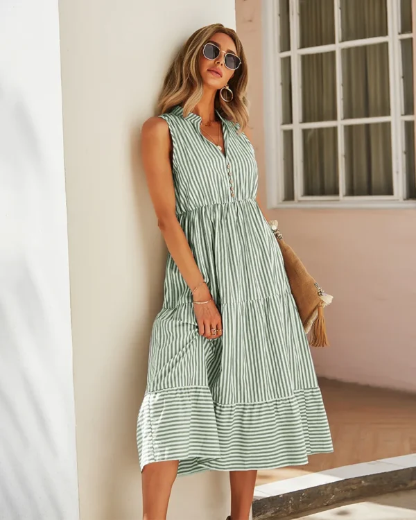 Striped Shirt Dress Women Sleeveless V-Neck Long Dresses Summer Casual Buttons A-Line Beach Holiday Dresses Female Clothing - Image 6