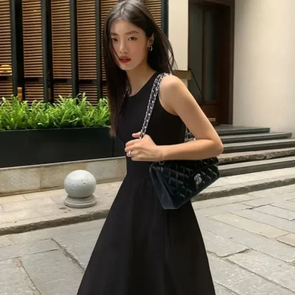 TKNOLEGE Summer New Round Neck SleevelessHigh Waist Temperament Female Fashion Style Dress Simple Elegant Black Long Dresses - Image 4